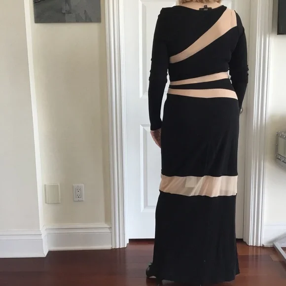 ABS Allen Schwartz Illusion Inset Maxi Long Black dress Peekaboo stripes - Picture 4 of 5